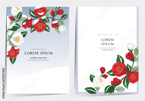 Vector Illustration of Floral Frame Set with Snowfall on Fully Bloomed Camellia Branches 