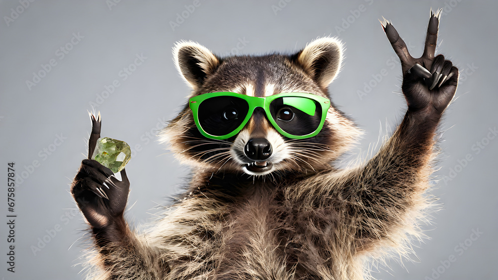 Funny raccoon in green sunglasses showing a rock  on white background