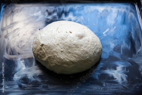 Freshly-made dough ball on pan covered in butter