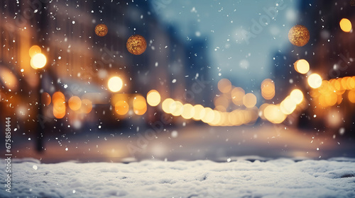 Beautiful blurred street of festive night or evening city with snowfall and Christmas lights. Abstract christmas defocused background.