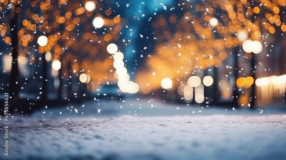 Beautiful blurred street of festive night or evening city with snowfall and Christmas lights. Abstract christmas defocused background. - obrazy, fototapety, plakaty 