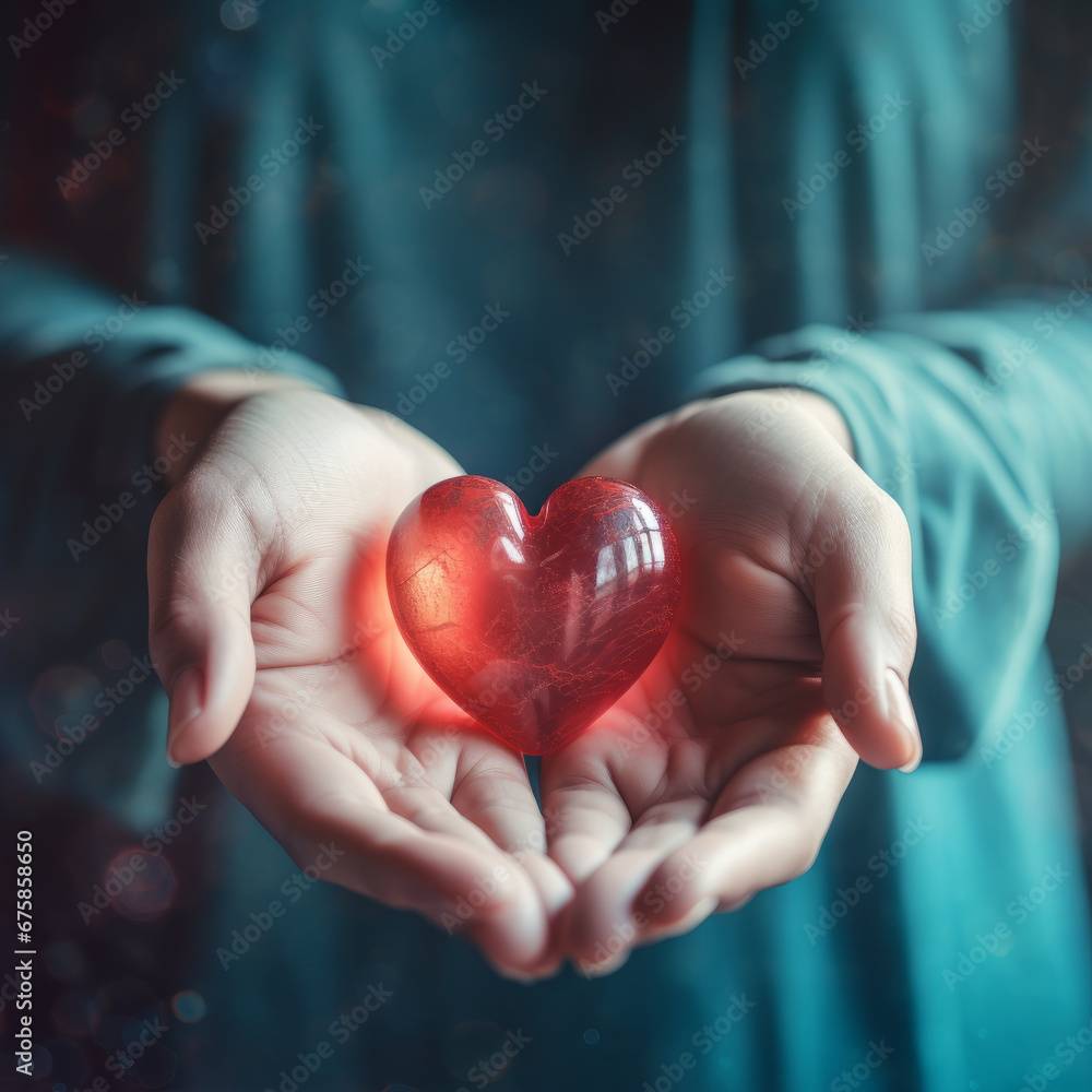 Holding Love: Woman Embracing a Heart in Her Hands Holding Love: Woman Embracing a Heart in Her Hands