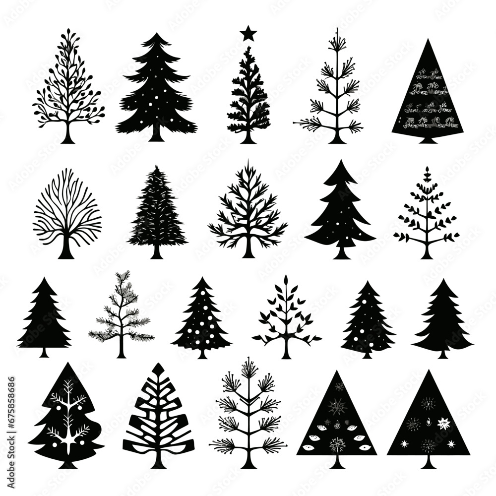 Obraz premium Black doodle Christmas trees symbols clip art on white background