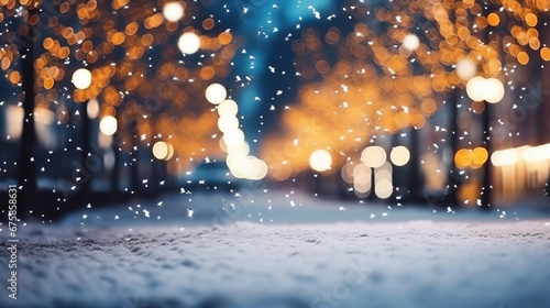 Beautiful blurred street of festive night or evening city with snowfall and Christmas lights. Abstract christmas defocused background. photo