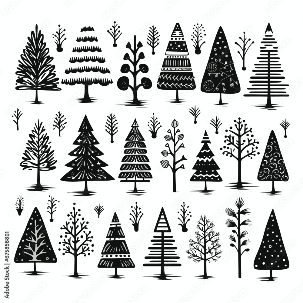 Obraz premium Black doodle Christmas trees symbols clip art on white background