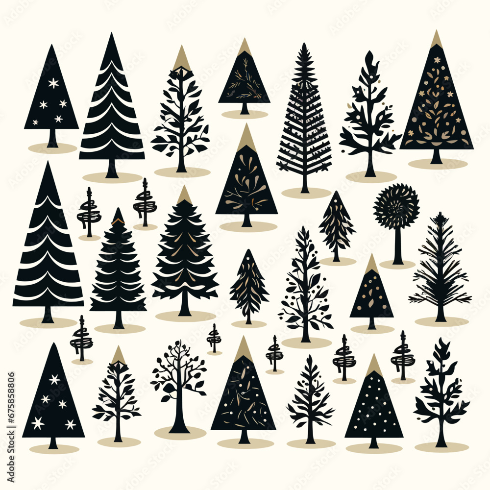Obraz premium Black doodle Christmas trees symbols clip art on white background