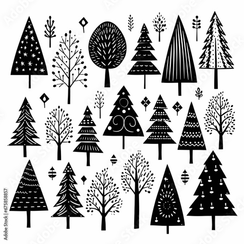 Black doodle Christmas trees symbols clip art on white background