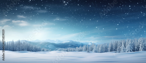 Beautiful ultrawide background image of light snowfall falling over of snowdrifts.