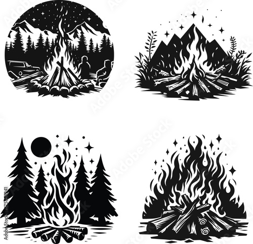 black and white silhouette of a camping bornfire tree