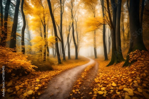 Beautiful, foggy, autumn, mysterious forest with pathway forward. Footpath among high trees with yellow leaves © usman