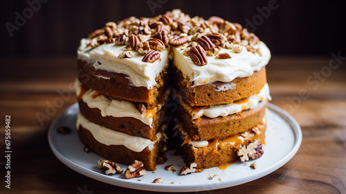 Carrot or pumpkin spiced cake with cream cheese frosting and pecan.