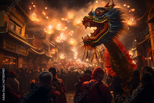 Chinese New Year parade with a dragon, fireworks, lanterns and people celebrating the holiday © JesusVDR
