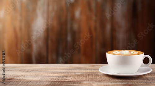 Cappuccino coffee in the white cup put on wood table, close-up, loft cement wall background.