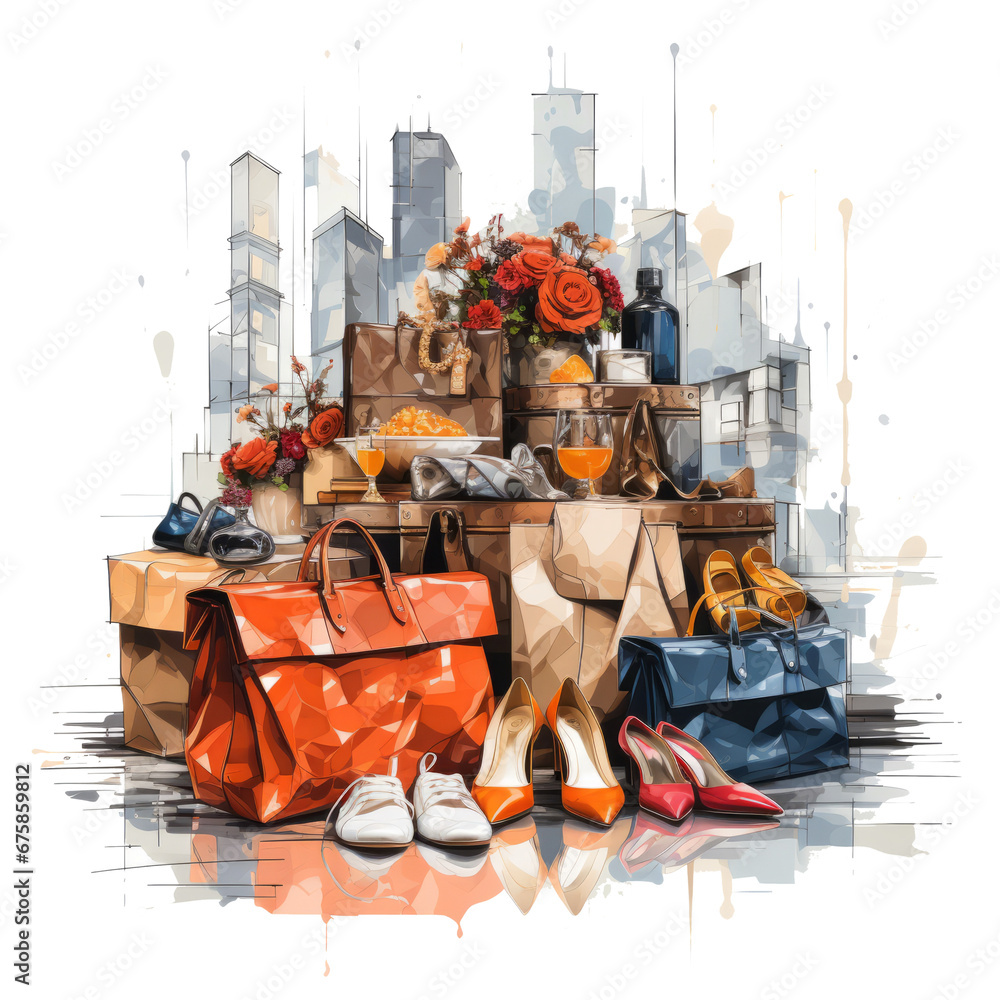 vector illustration of shopping bags, boxes, and trendy shoes on transparent background.