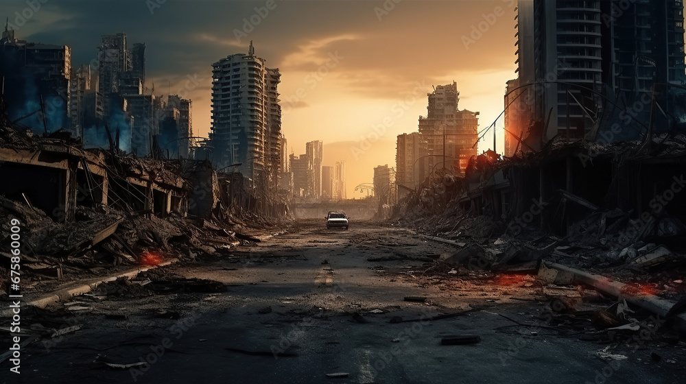 Empty street of burnt up city. Apocalyptic view of city downtown as disaster film poster concept. City destroyed by war. - obrazy, fototapety, plakaty 