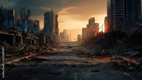 Empty street of burnt up city. Apocalyptic view of city downtown as disaster film poster concept. City destroyed by war.