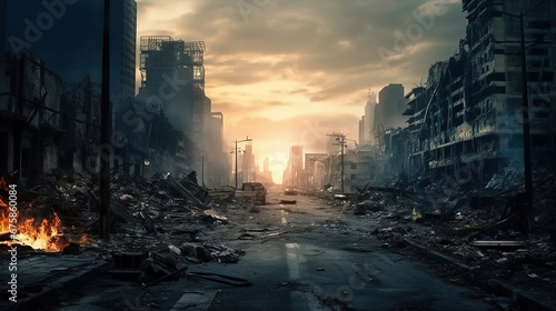 Empty street of burnt up city. Apocalyptic view of city downtown as disaster film poster concept. City destroyed by war.