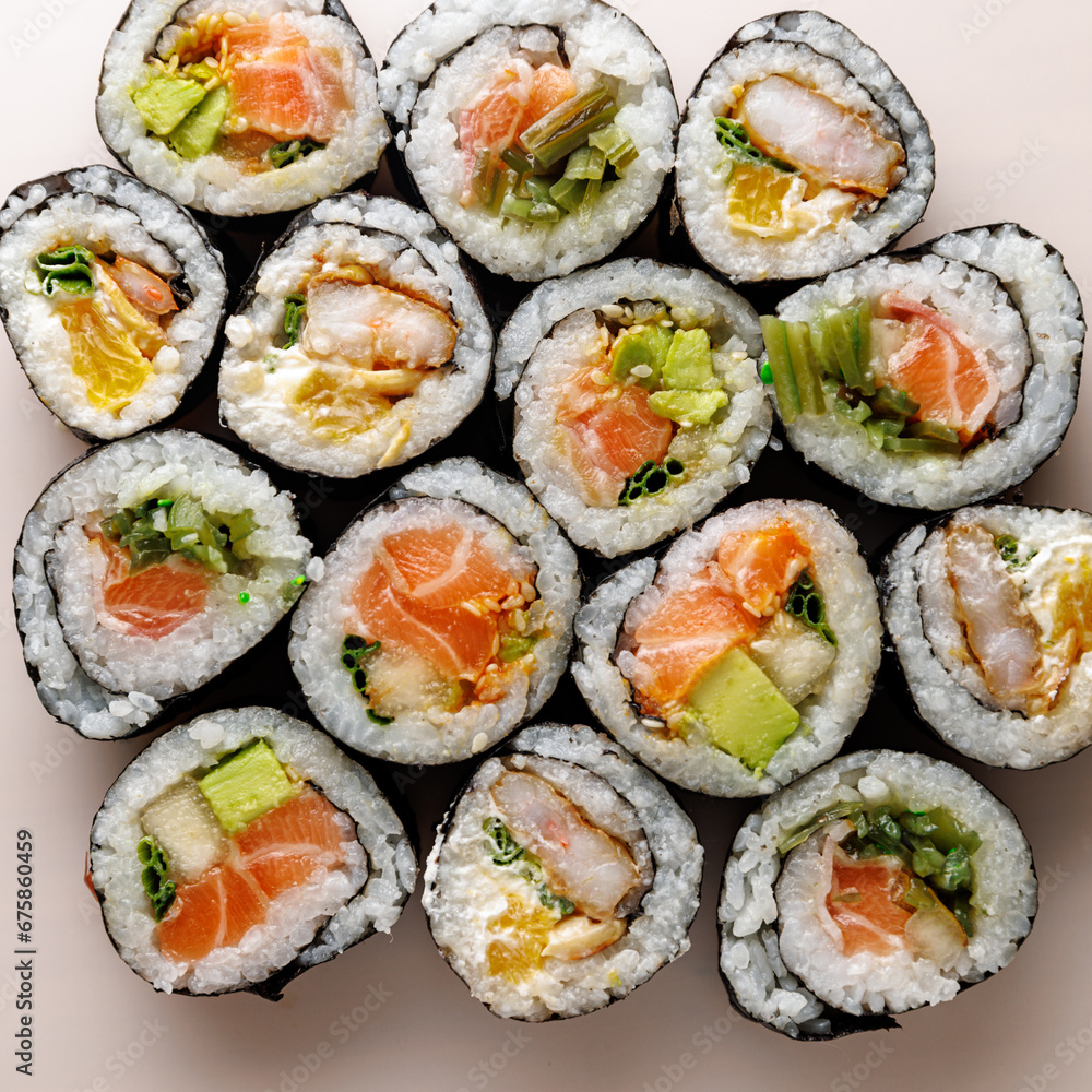 Top view of various sushi rolls. Top view of various sushi rolls.