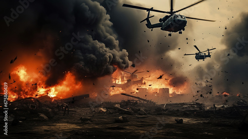 Military forces and helicopters between fire and bombs in battle field.