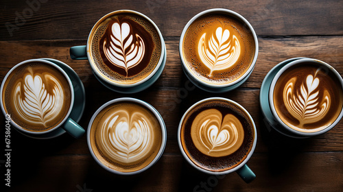 Multiple coffee lattes in mugs with latte art overhead view on a wooden table.