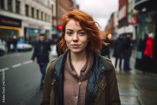 Portrait of a beautiful young woman with red hair in the city