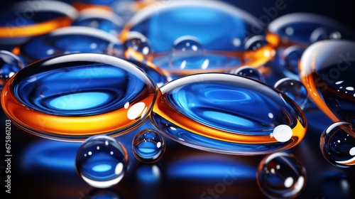  random color abstract glassy spherical bubble , transparent blue and orange background