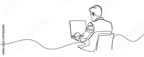 Man, guy sitting at a laptop at a table drawn with one line. Vector illustration