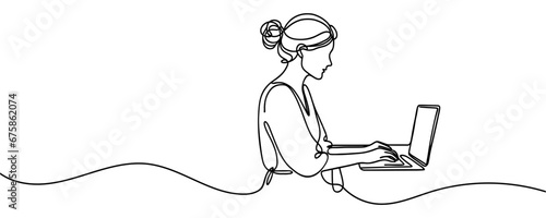 Young girl sitting at a laptop drawn in one line. Vector illustration