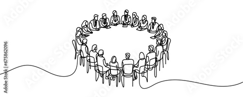 group of people sitting in a circle for a discussion or meeting drawn by one line. Vector illustration photo
