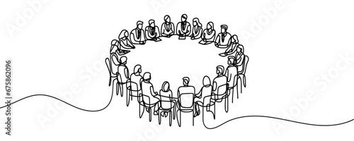 group of people sitting in a circle for a discussion or meeting drawn by one line. Vector illustration