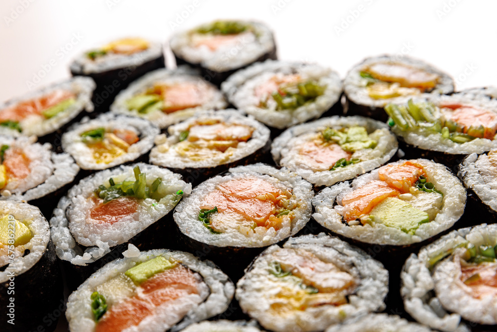 Top view of various sushi rolls. Top view of various sushi rolls.