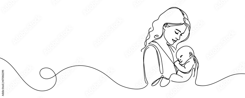 Happy Mother's Day card. Woman holding baby in one line style. Vector illustration Happy Mother's Day card. Woman holding baby in one line style. Vector illustration