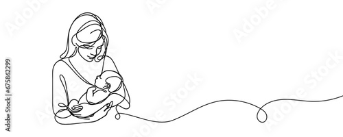 Happy Mother's Day card. Woman holding baby in one line style. Vector illustration