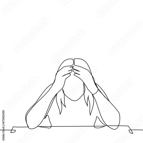 woman sitting at the table clutching her forehead - one line art vector. concept crisis, despair, confusion, madness, fatigue, burnout, depression