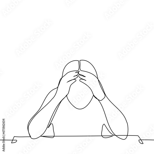 man sitting at the table clutching his forehead - one line art vector. concept crisis, despair, confusion, madness, fatigue, burnout, depression