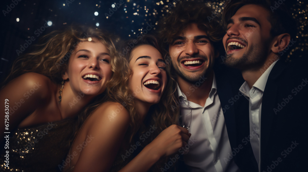 Young and beautiful group of friends holding sparkles and enjoying at New Year's party Young and beautiful group of friends holding sparkles and enjoying at New Year's party