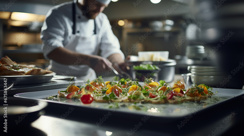 gourmet dish being prepared in a high-end restaurant kitchen by chef gourmet dish being prepared in a high-end restaurant kitchen by chef