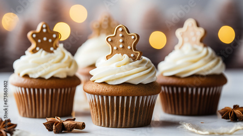  Gingerbread cupcakes for Christmas with gingerbread cookies and buttercream frosting with bokeh background