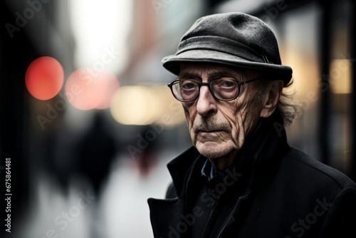 Portrait of an old man in the city at night. Shallow depth of field. © Nerea