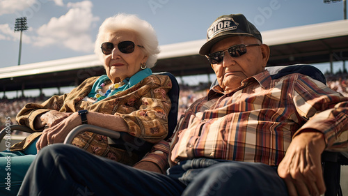Two elderly people at a soccer stadium