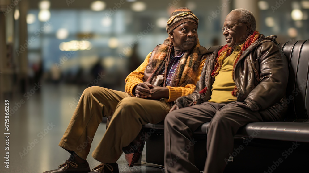 Two African-American seniors sitting in an airport