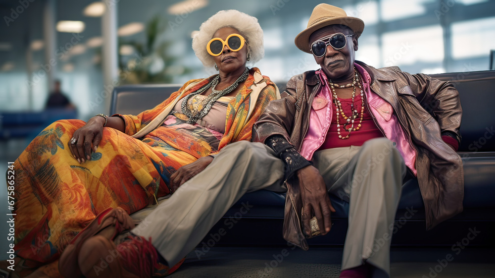 Two elderly African-American men dressed in colorful clothes sitting in an airport