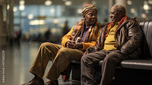 Two African-American seniors sitting in an airport