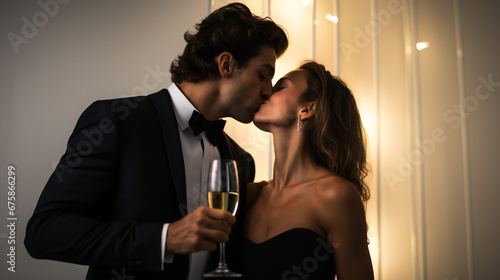 Good looking and happy with champagne couple Kisses on NYE next to white wall photo