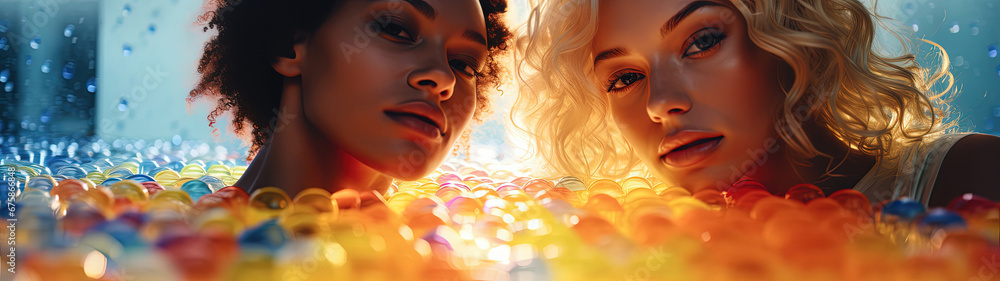 Euphoric Beauty: A Vibrant and Captivating Scene with Two Attractive Women on MDMA Pills, Ideal for Screensavers and Desktop Backgrounds