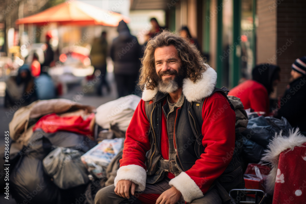 a homeless smiling man in a red santa suit sits near a dump