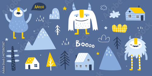 Nordic set with cute yeti and landscape elements. Scandinavian vector collection of naive doodle yeti for kids.