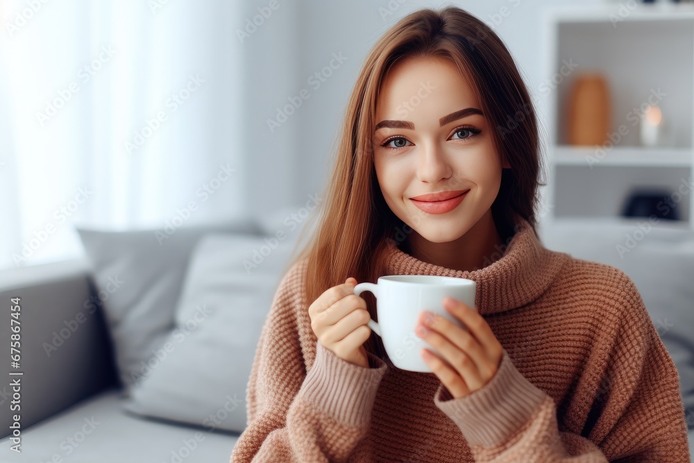 Close up of a young woman holding coffee cup in the morning sitting on sofa white background. Close up of a young woman holding coffee cup in the morning sitting on sofa white background.