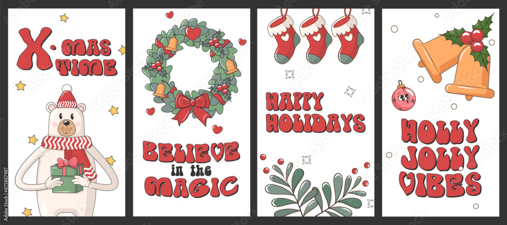 Groovy Merry Christmas stories social media temlate with funky retro cartoon elements and charactres. Trendy vector illustration for postcards or posters.	