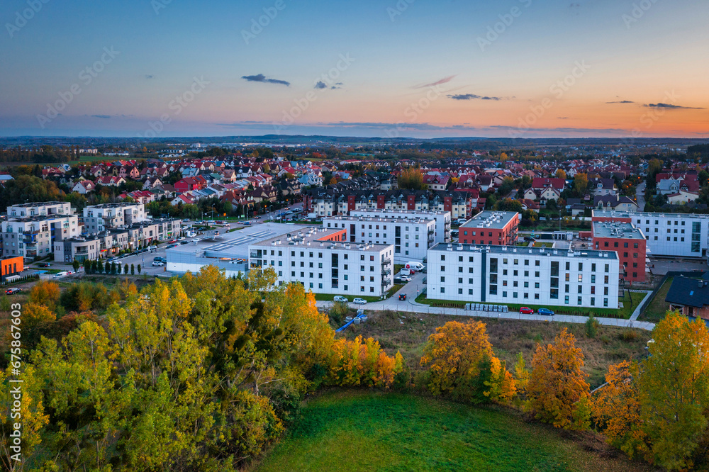 Aerial view of a residential area in Rotmankai, Poland